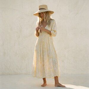 Boho Romantic Floral Button-Front Midi Dress | Light Yellow Cream | Medium